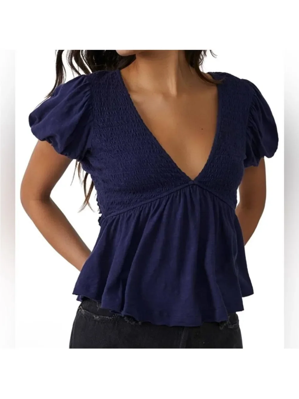 NWT FREE PEOPLE Charolette Top – Navy Blue Smocked Puff Sleeve Blouse | Size L